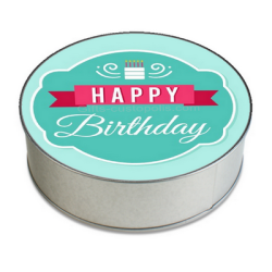 Round metal box with adult birthday label