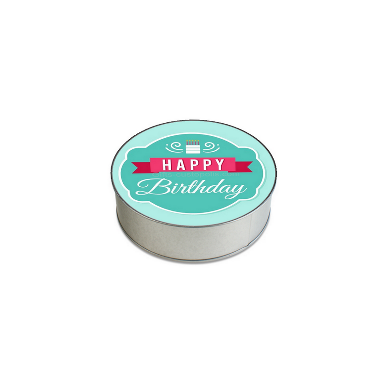Round metal box with adult birthday label