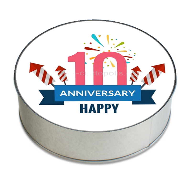 Round metal box with adult birthday label in numbers