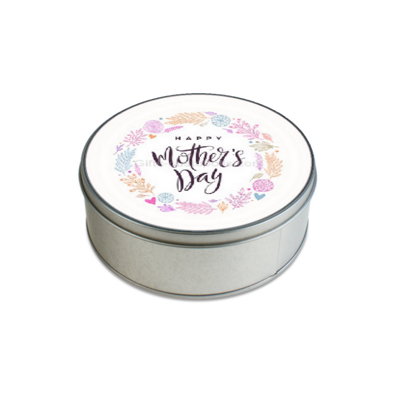 Round metal box with Mother's Day label