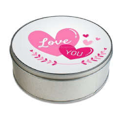Boîte ronde en métal avec label Saint-Valentin pour personnaliser