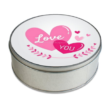 Boîte ronde en métal ronde avec label Saint-Valentin
