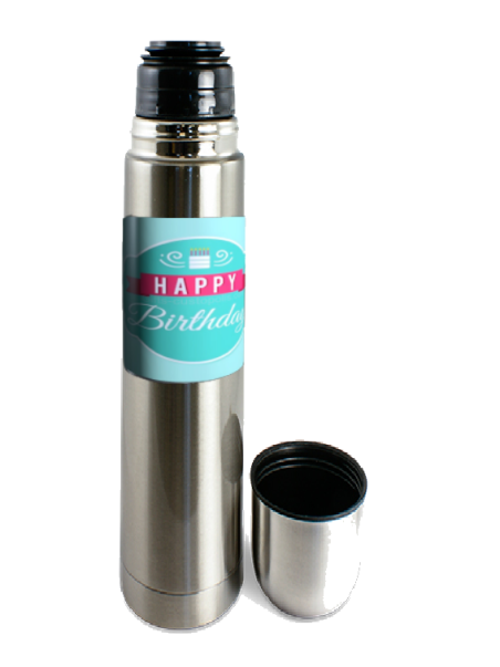 Insulated bottle with adult birthday label