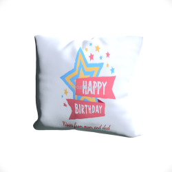 Square cushion with children's birthday label.