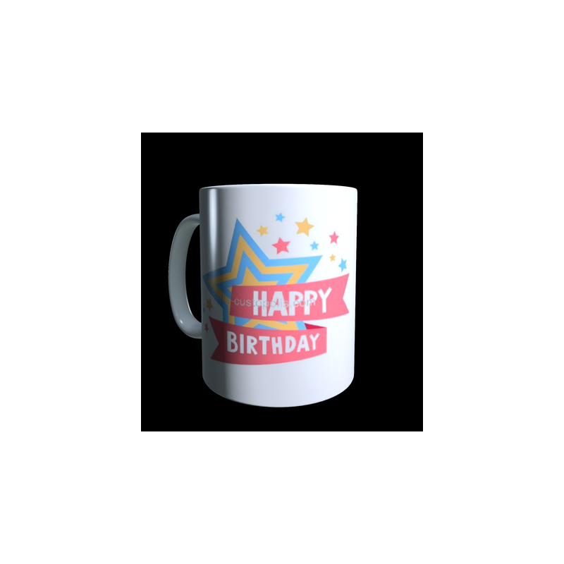 Coloured mug with children's birthday label to personalise