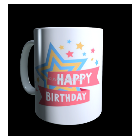 Coloured mug with children's birthday label to personalise